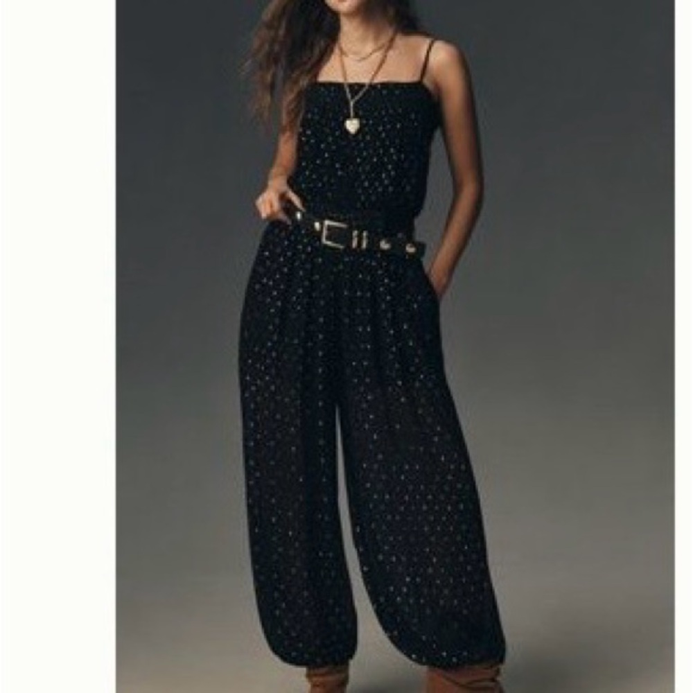 Anthropologie Black Spotted Strap Jumpsuit